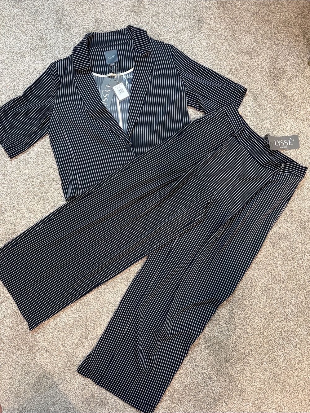 Lysse Navy and White Pinstripe suit jacket &Wide-Leg Trousers